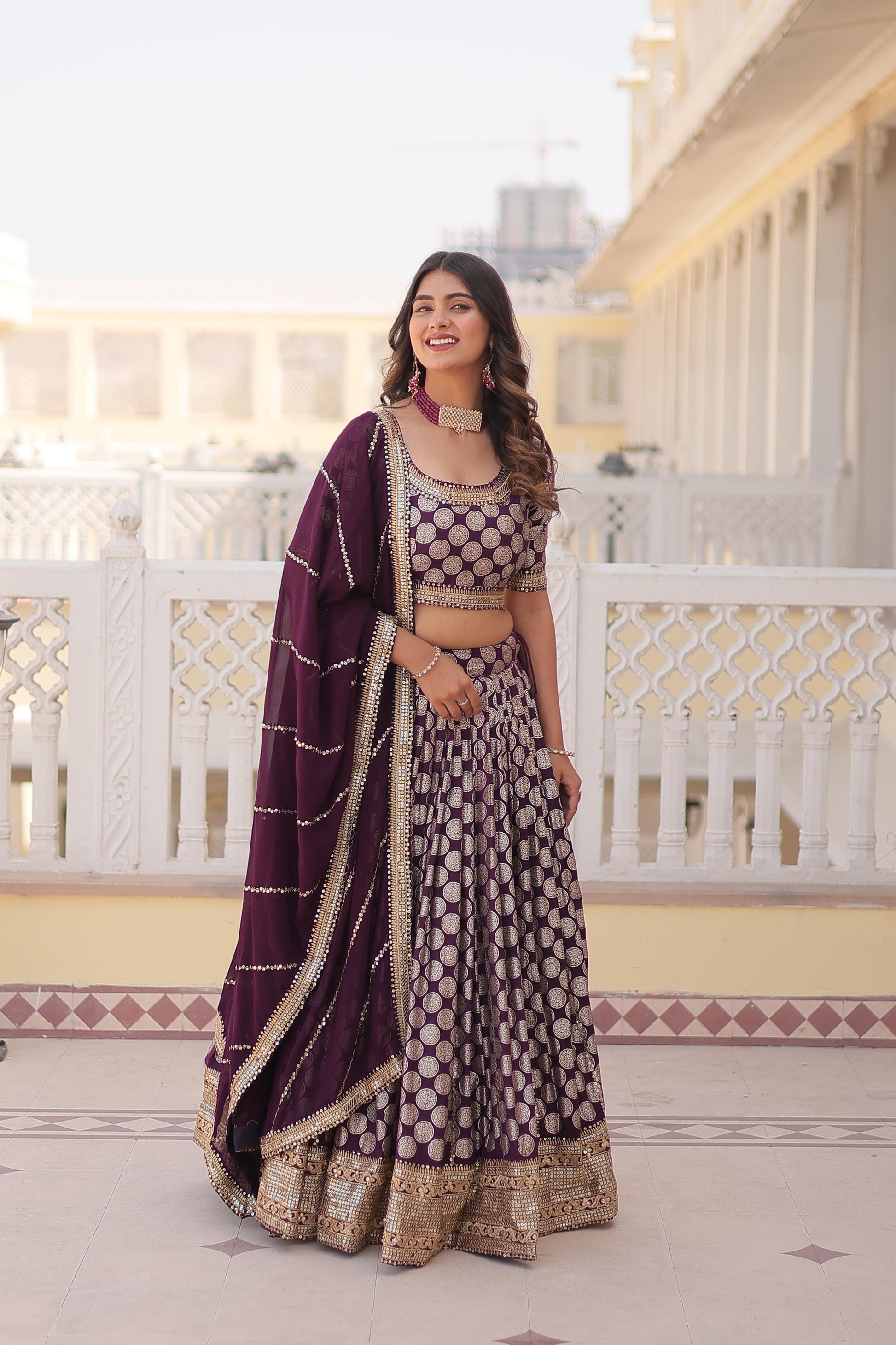 Innovative Jacquard Work Wine Color Lehenga Choli