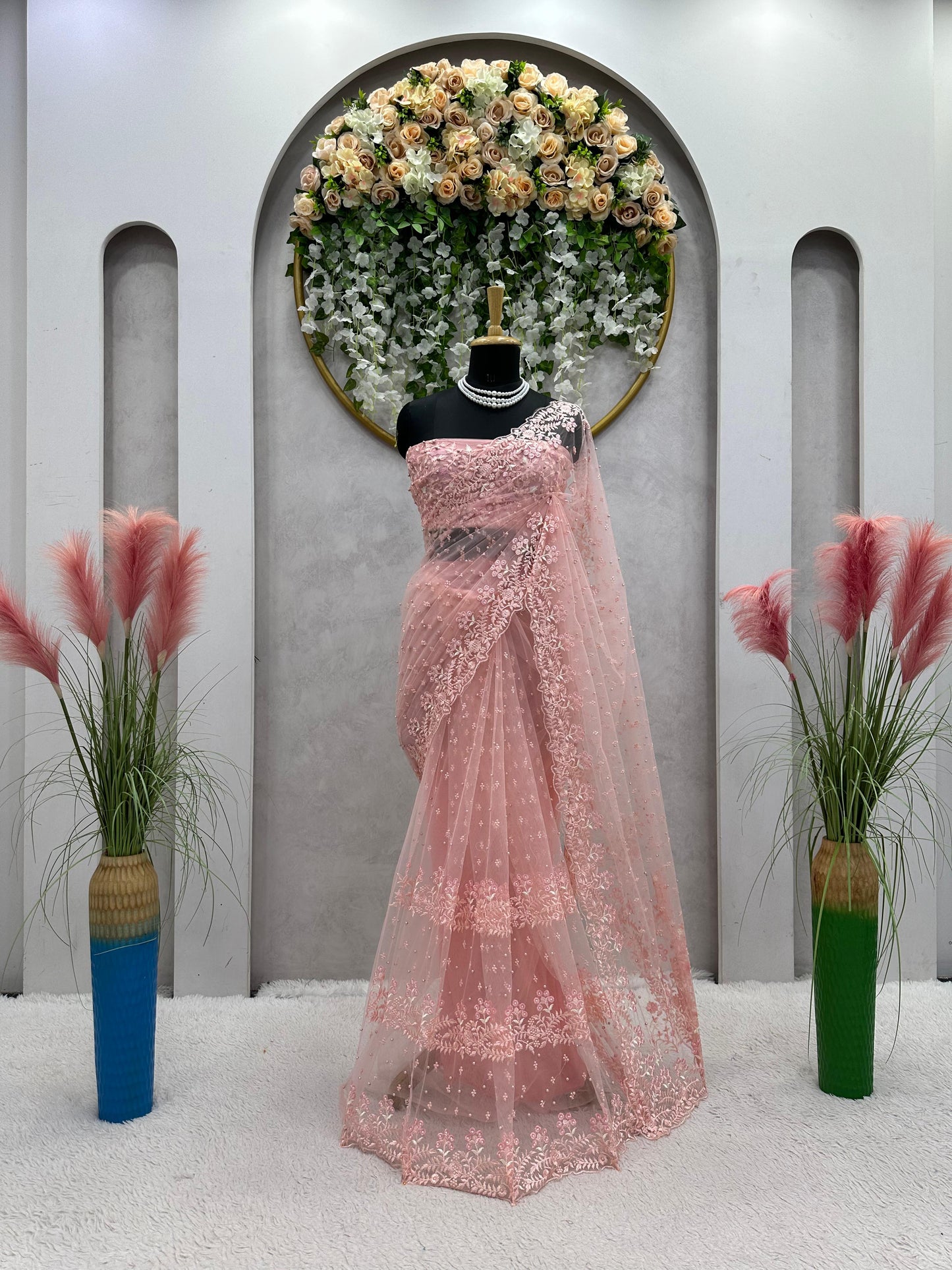 Exclusive Pin Color Pearl Work Net Saree