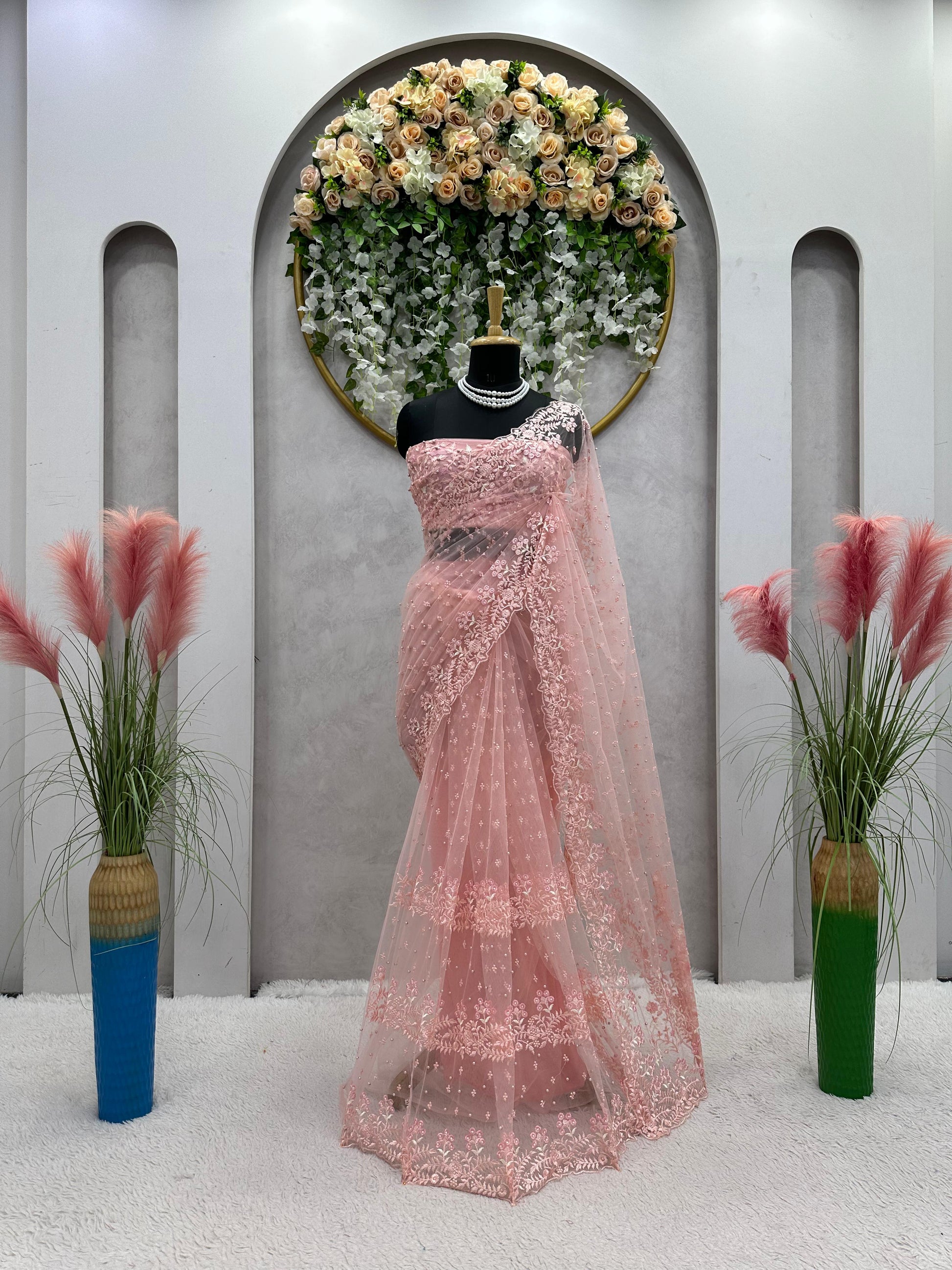 Exclusive Pin Color Pearl Work Net Saree