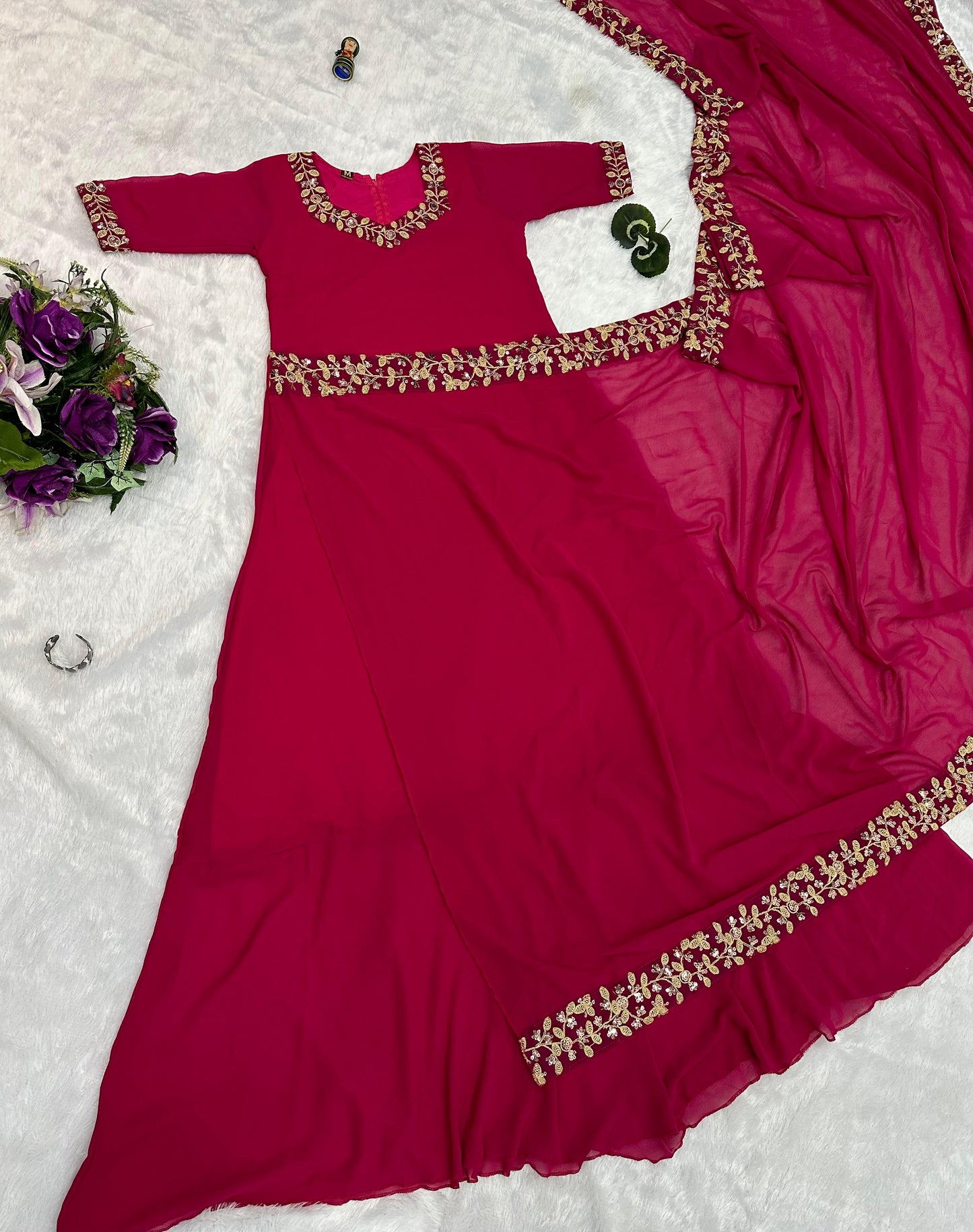 Trending Pink Color Gown With Attached Pallu Saree