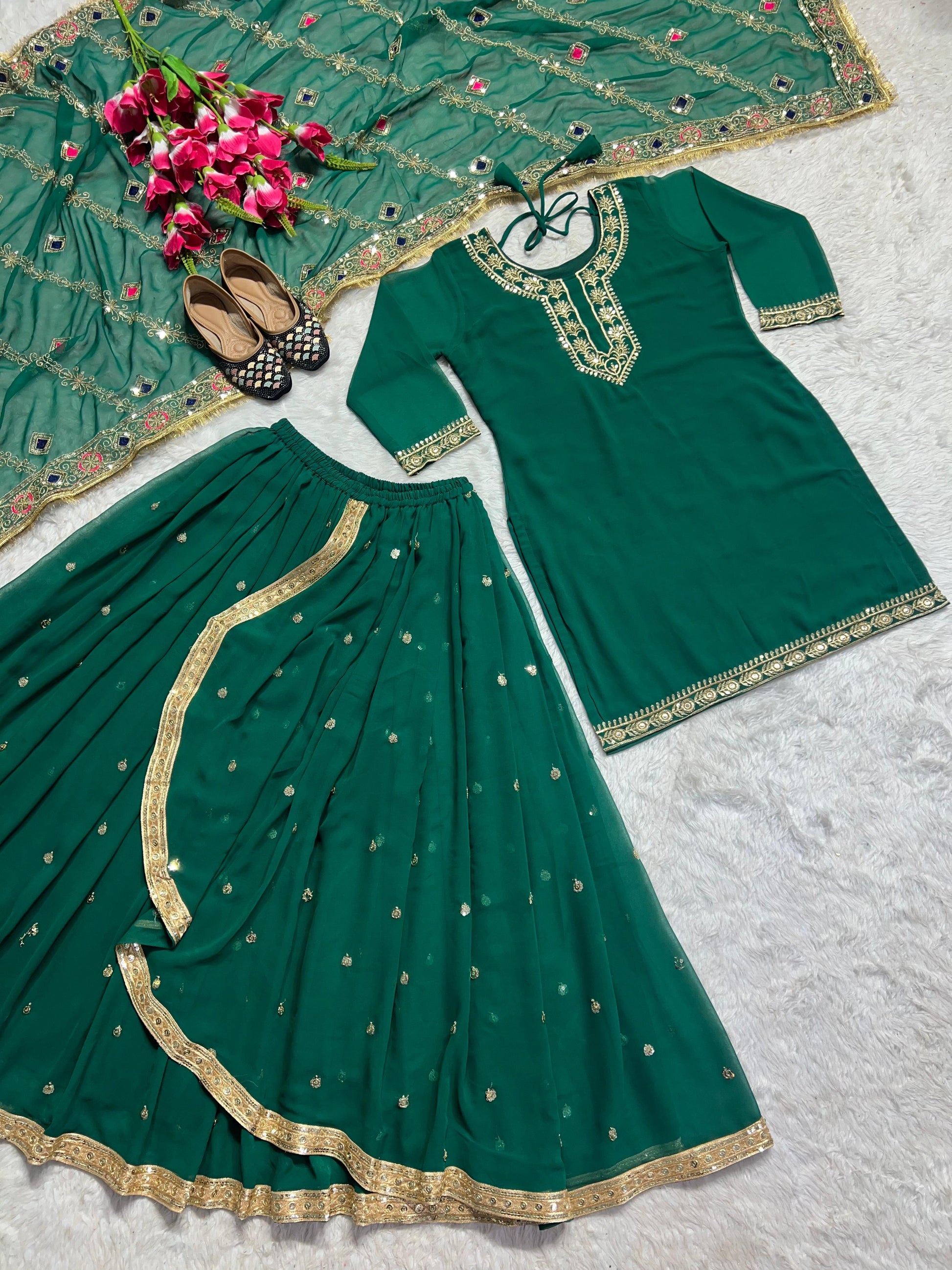Fabulous Green Color Georgette Sequence Work Lehenga With Top