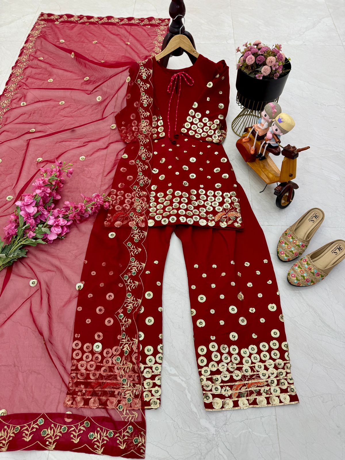 Red Color Sequence Work Alluring Palazzo Suit