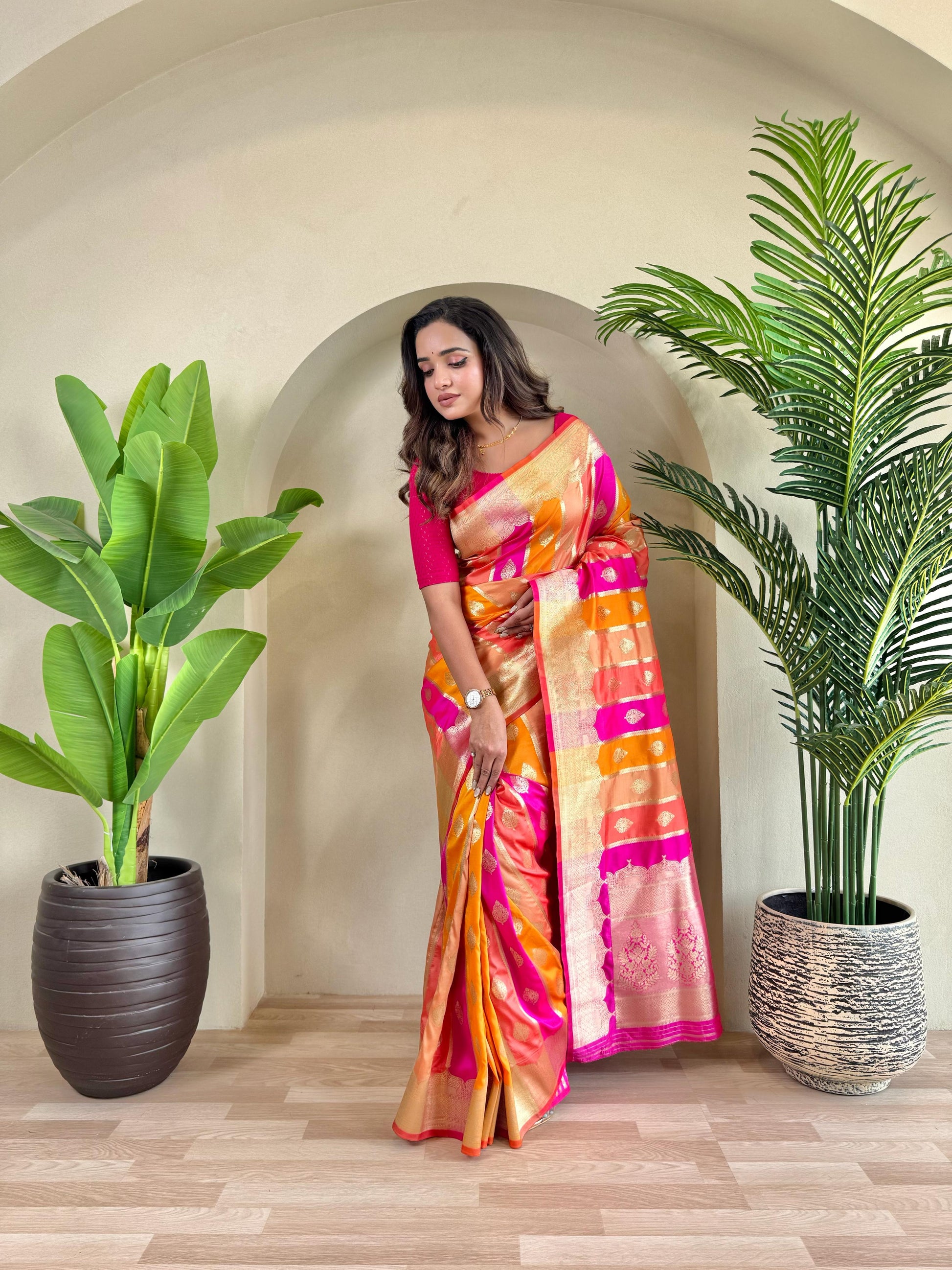 Stunning Benarasi Silk Multi Color Orange Pink Saree