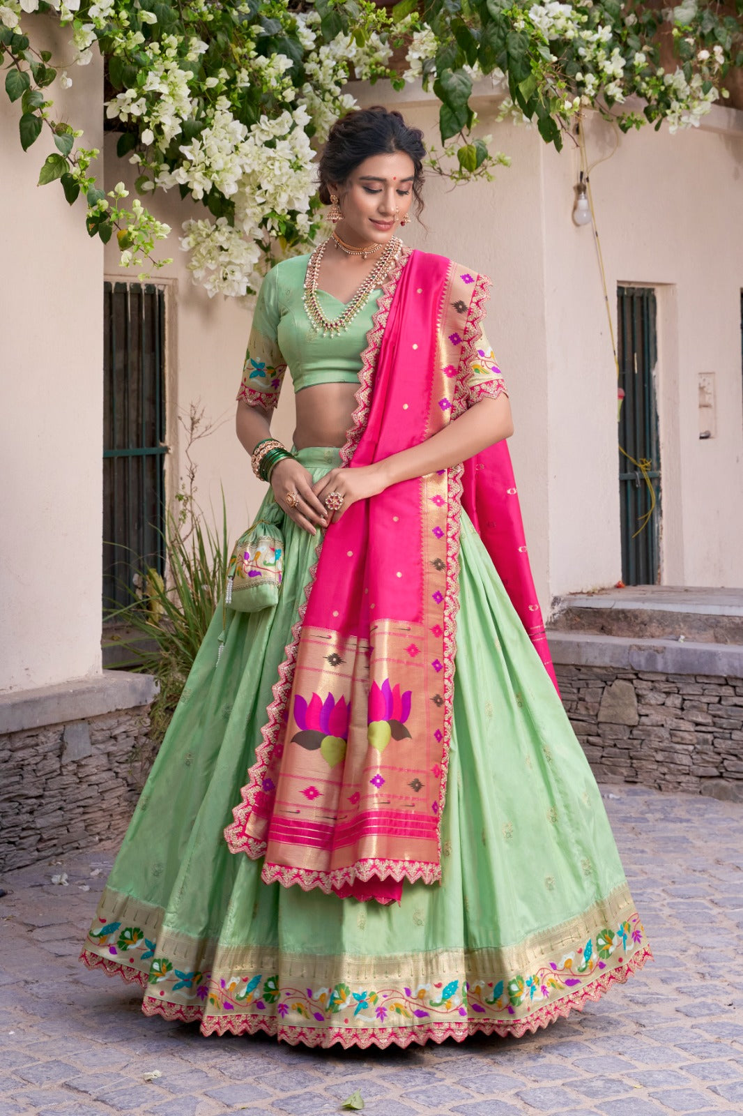 Traditional Wear Paithani Silk Pista Color Lehenga Choli