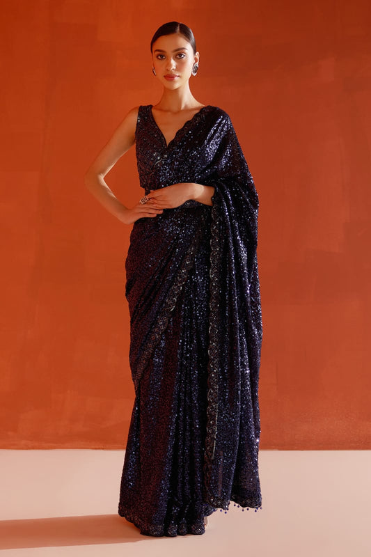 Adorable Georgette Sequence Work Blue Color Saree