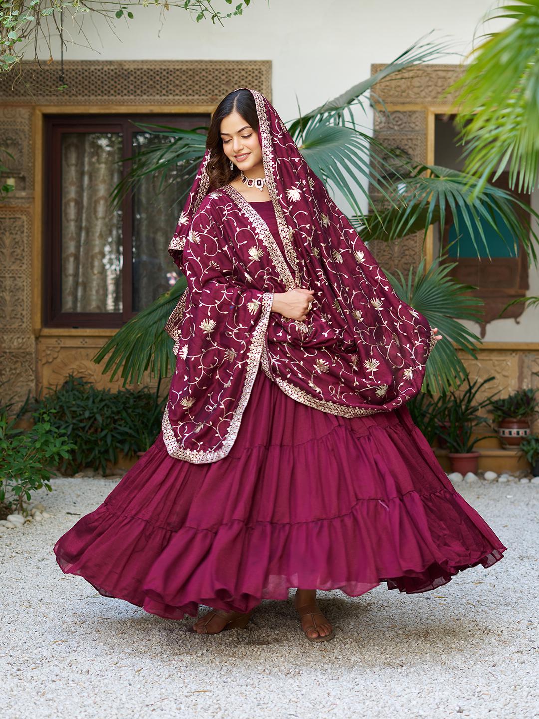 Traditional Wear Vichitra Silk Marron Color Gown