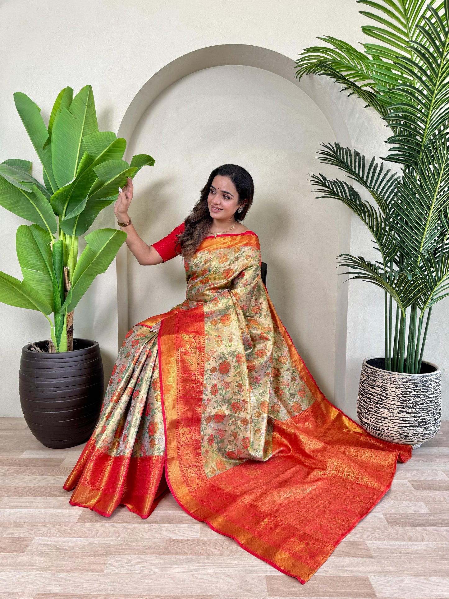 Demanding Kanchipuram Orange Color Saree