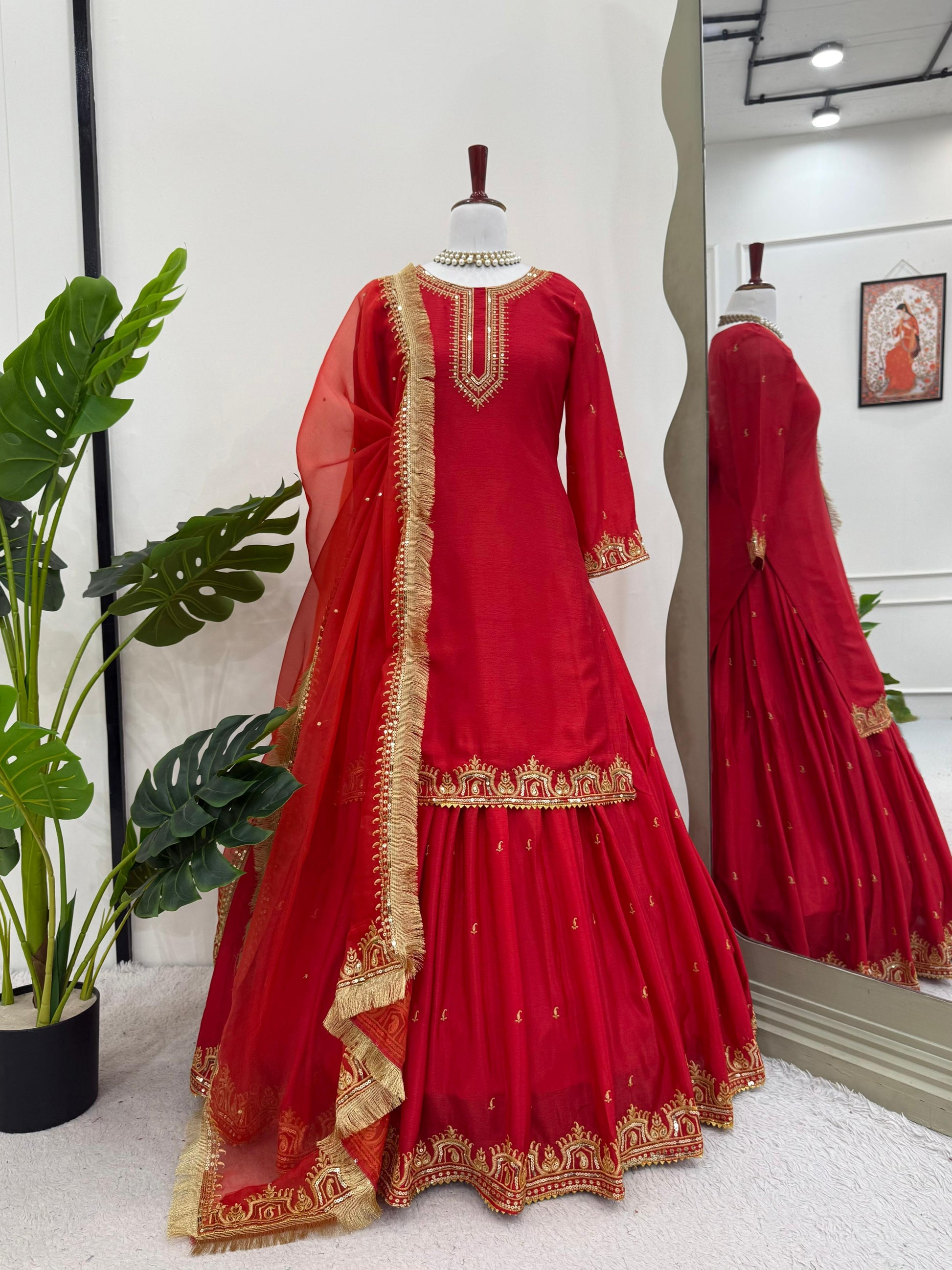 Designer Heavy Work Red Color Top With Lehenga