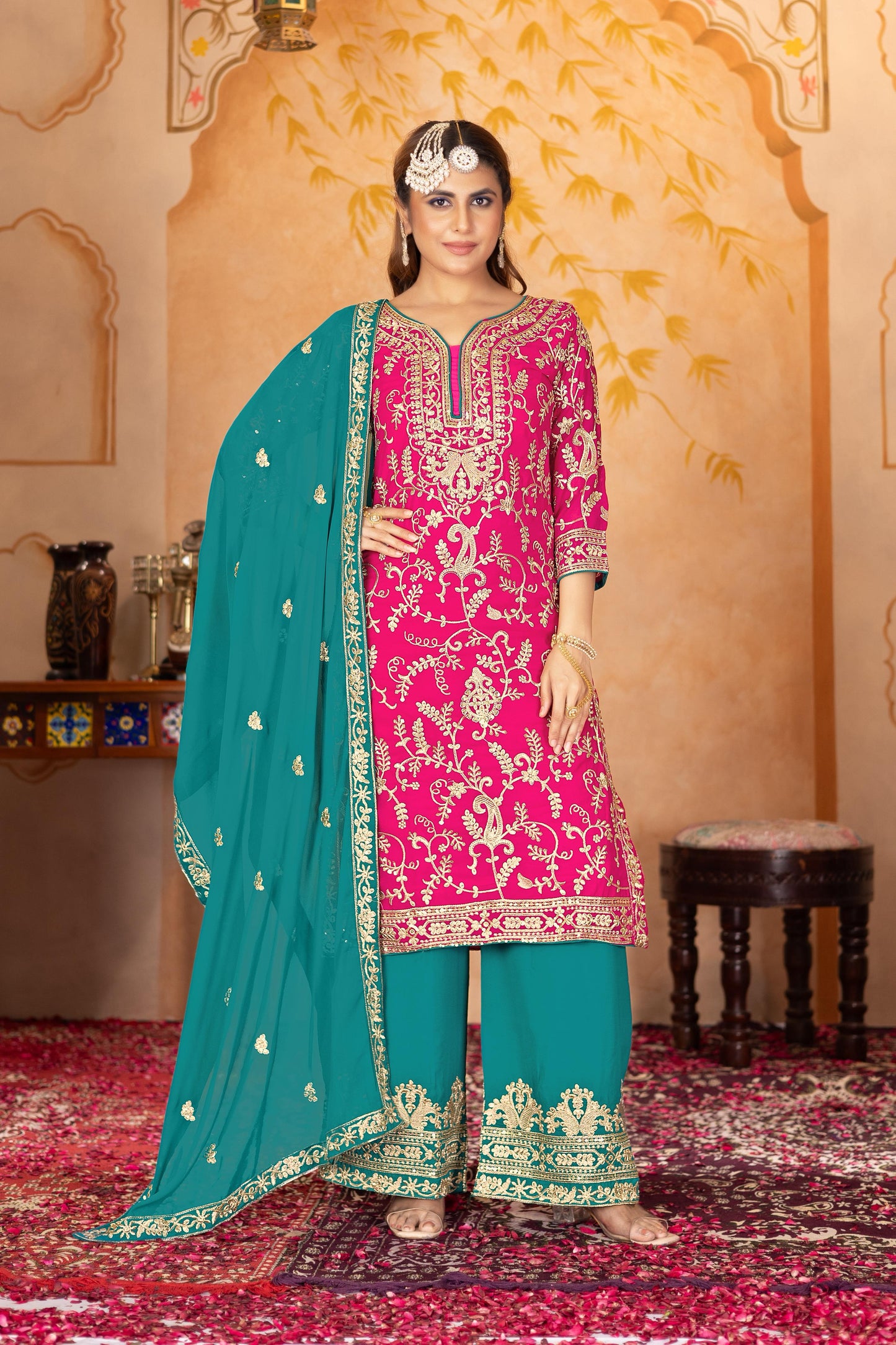 Good Looking Heavy Work Pink Color Palazzo Suit