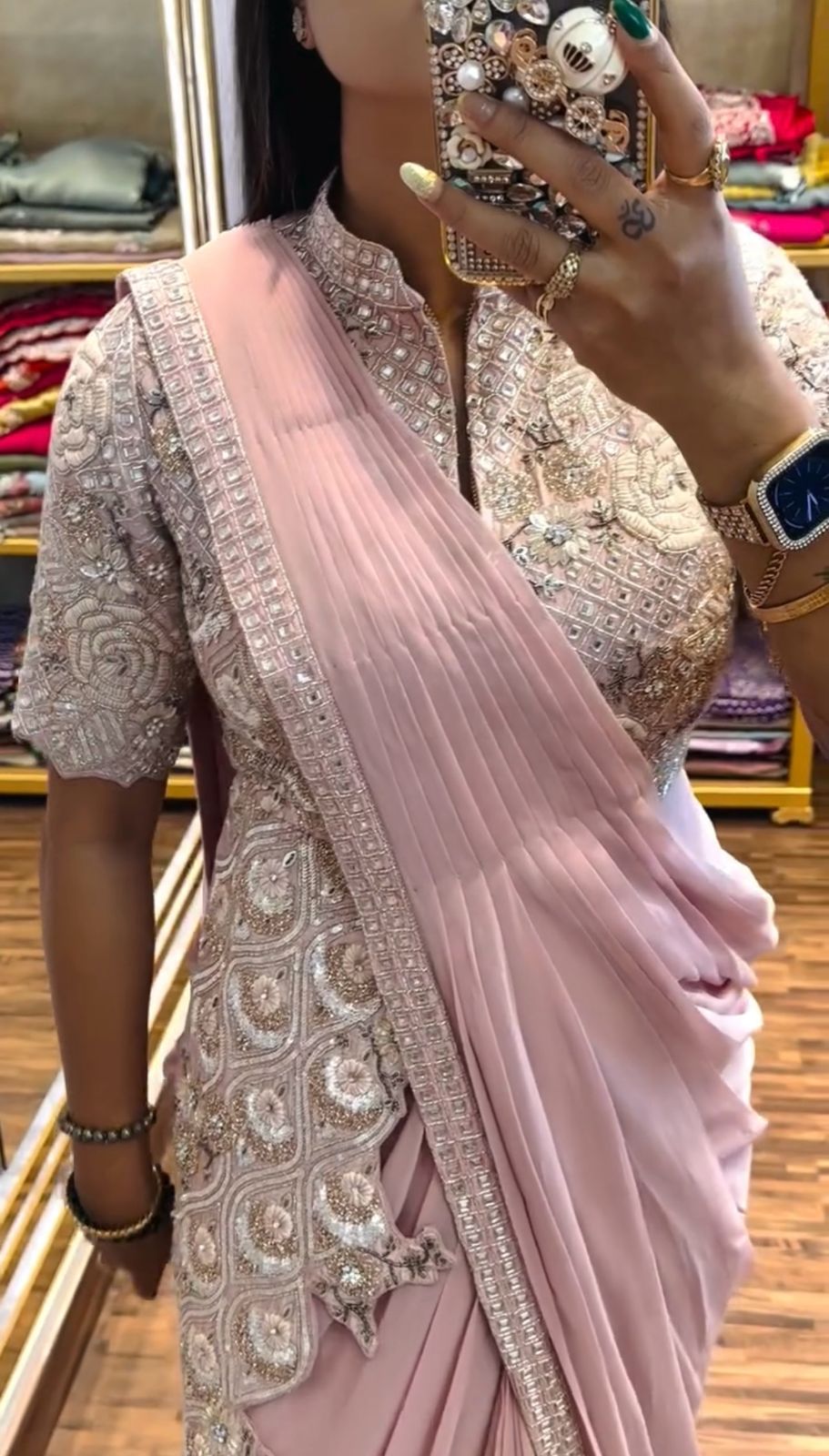 Classy Chinon Embroidery Work Peach Color Ready To Wear Saree