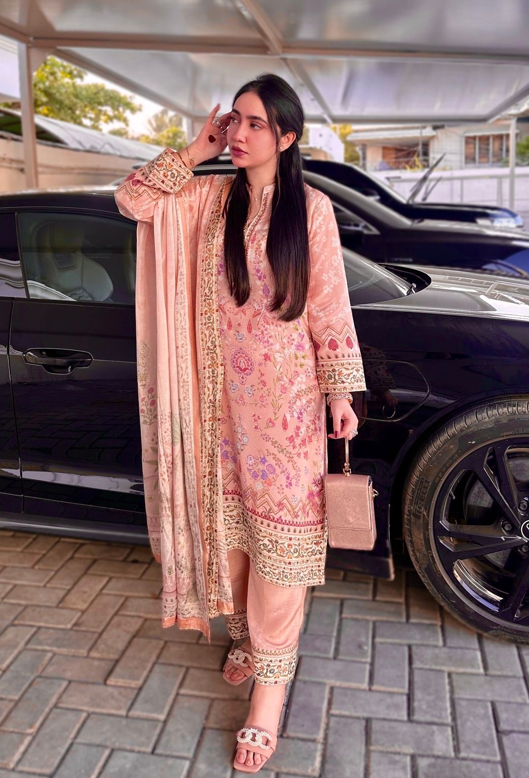 Beautiful Printed With Lace Border Peach Color Palazzo Suit