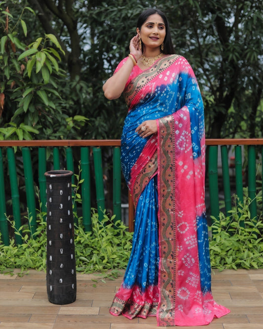 Bandhej With Zari Weaving Border Light Pink And Blue Saree