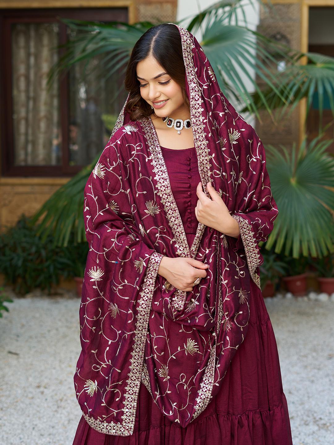 Traditional Wear Vichitra Silk Marron Color Gown