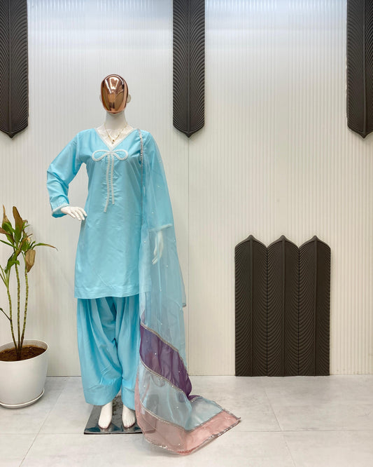 Marvelous Beads Work Sky Blue Color Salwar Suit