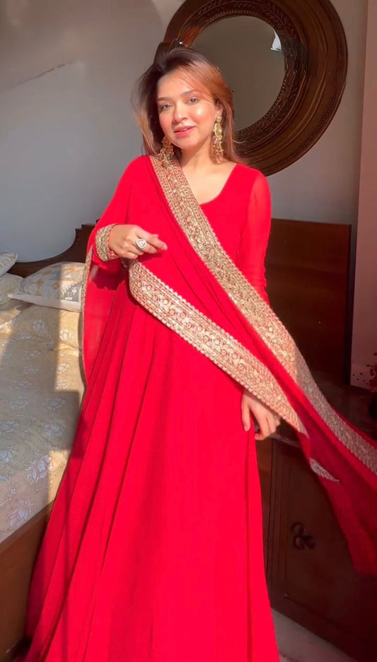Attractive Georgette Red Color Anarkali Gown