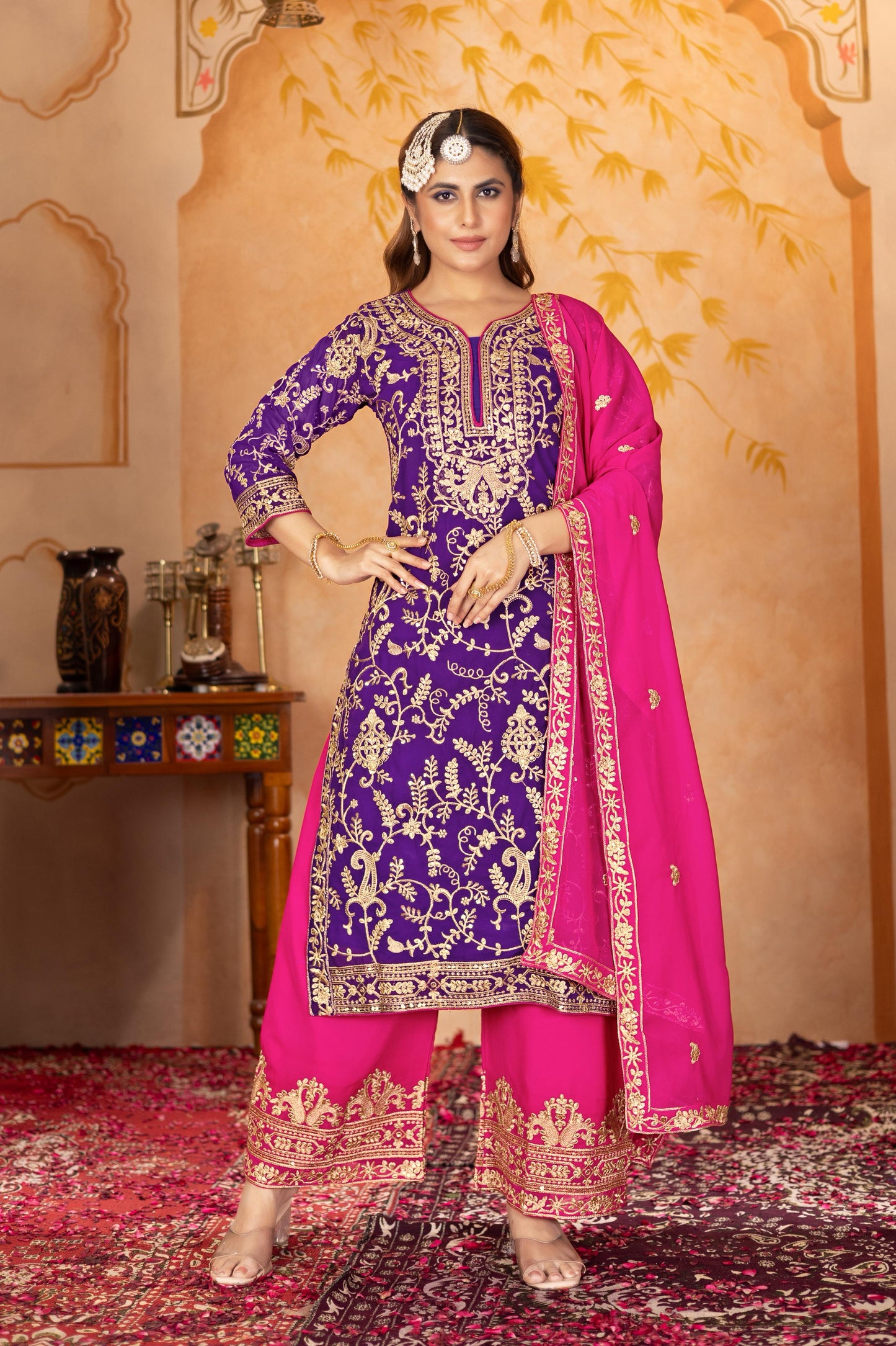 Good Looking Heavy Work Purple Color Palazzo Suit