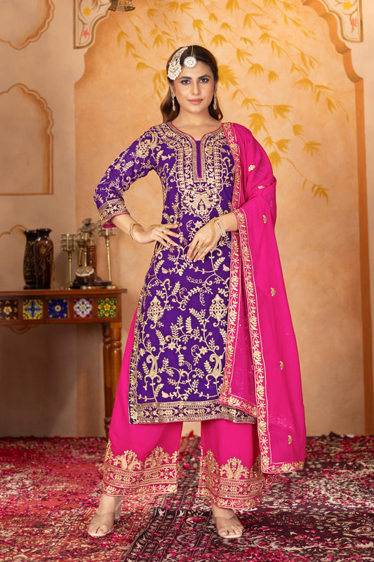 Good Looking Heavy Work Purple Color Palazzo Suit