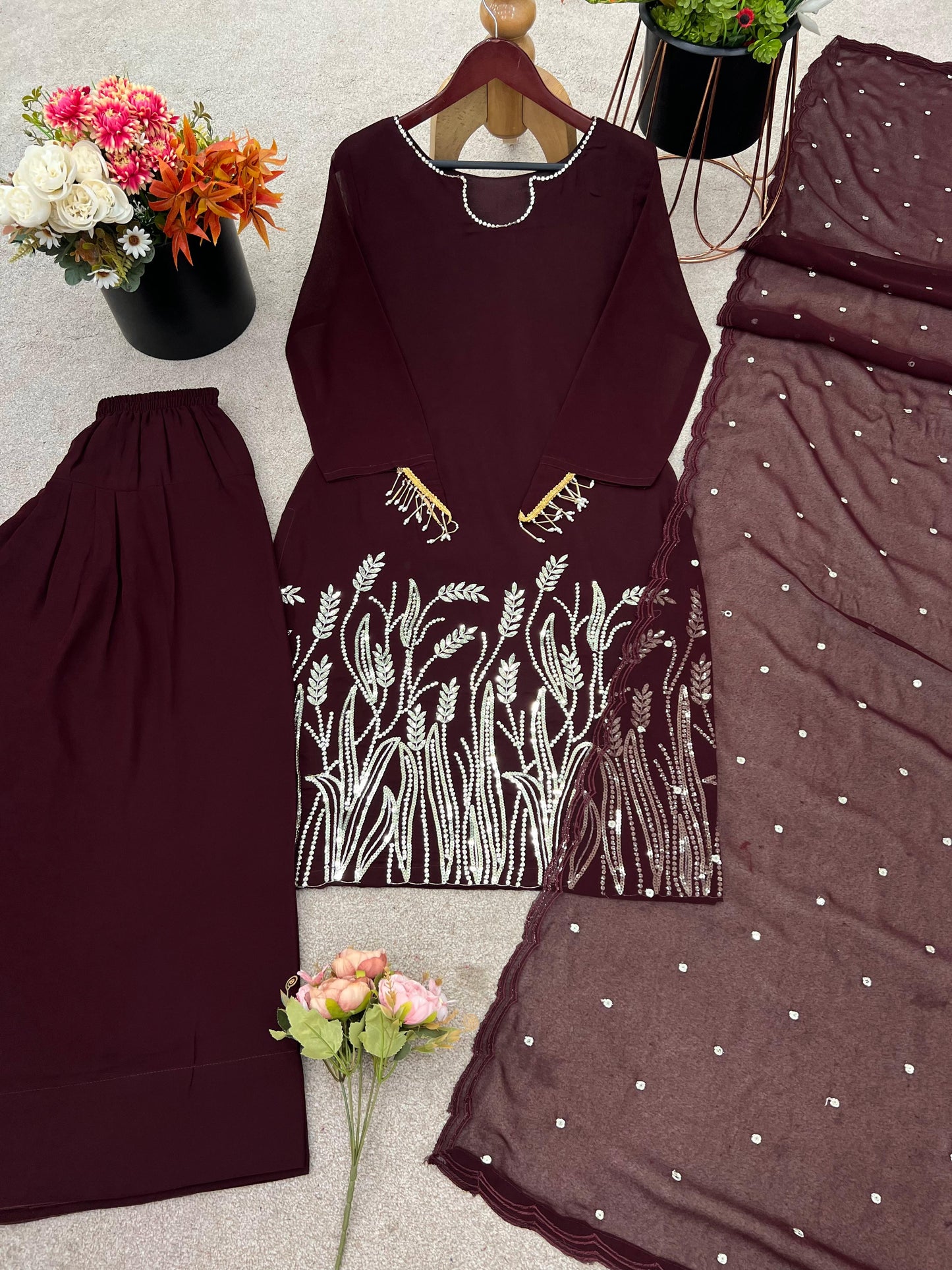 Trendy Sequence Work Wine Color Salwar Suit With Dupatta