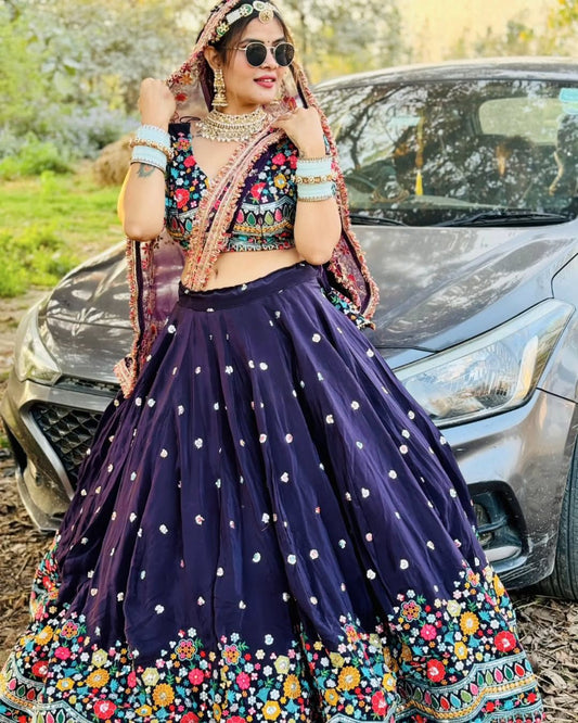 Multi Thread Work Georgette Navy Blue Color Lehenga Choli
