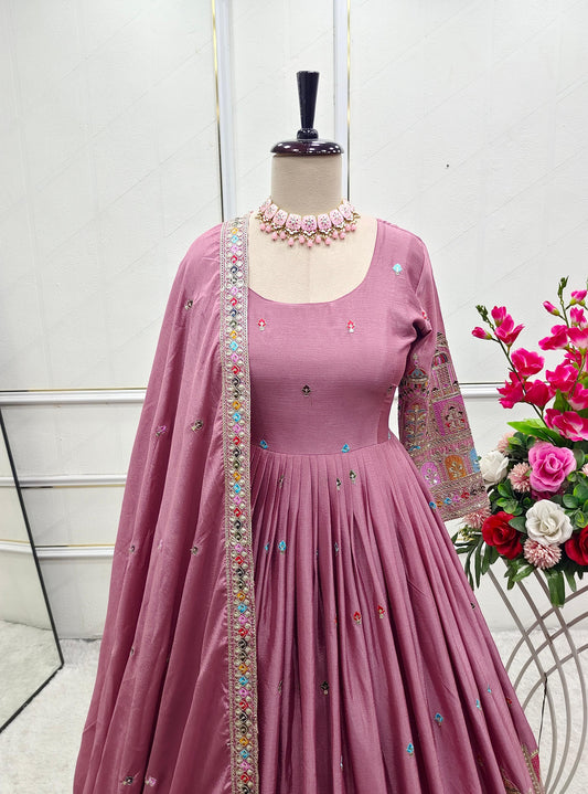 Beautiful Embroidery Work Lavender Color Anarkali Gown