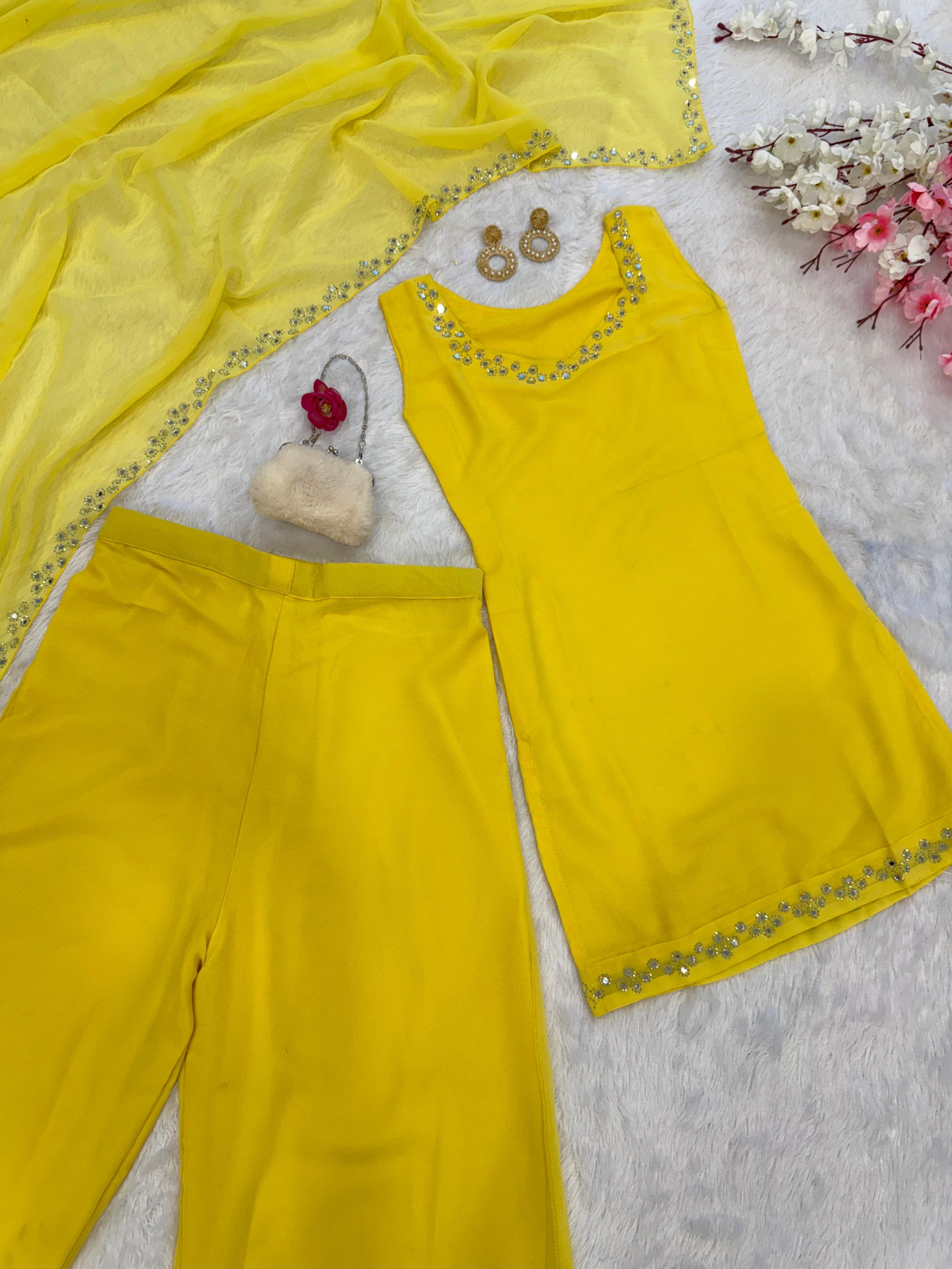 Preferable Real Mirror Work Yellow Color Palazzo Suit