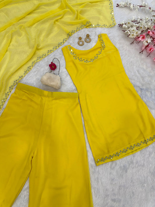 Preferable Real Mirror Work Yellow Color Palazzo Suit