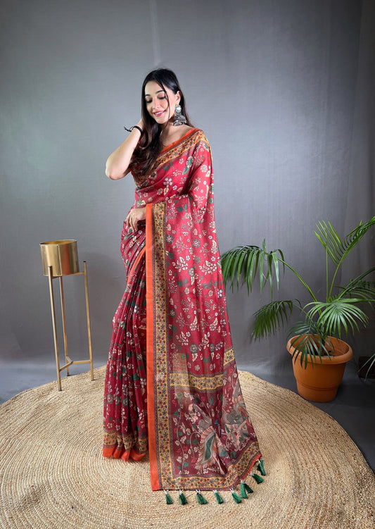 Fabulous Malai Cotton Red Color Saree