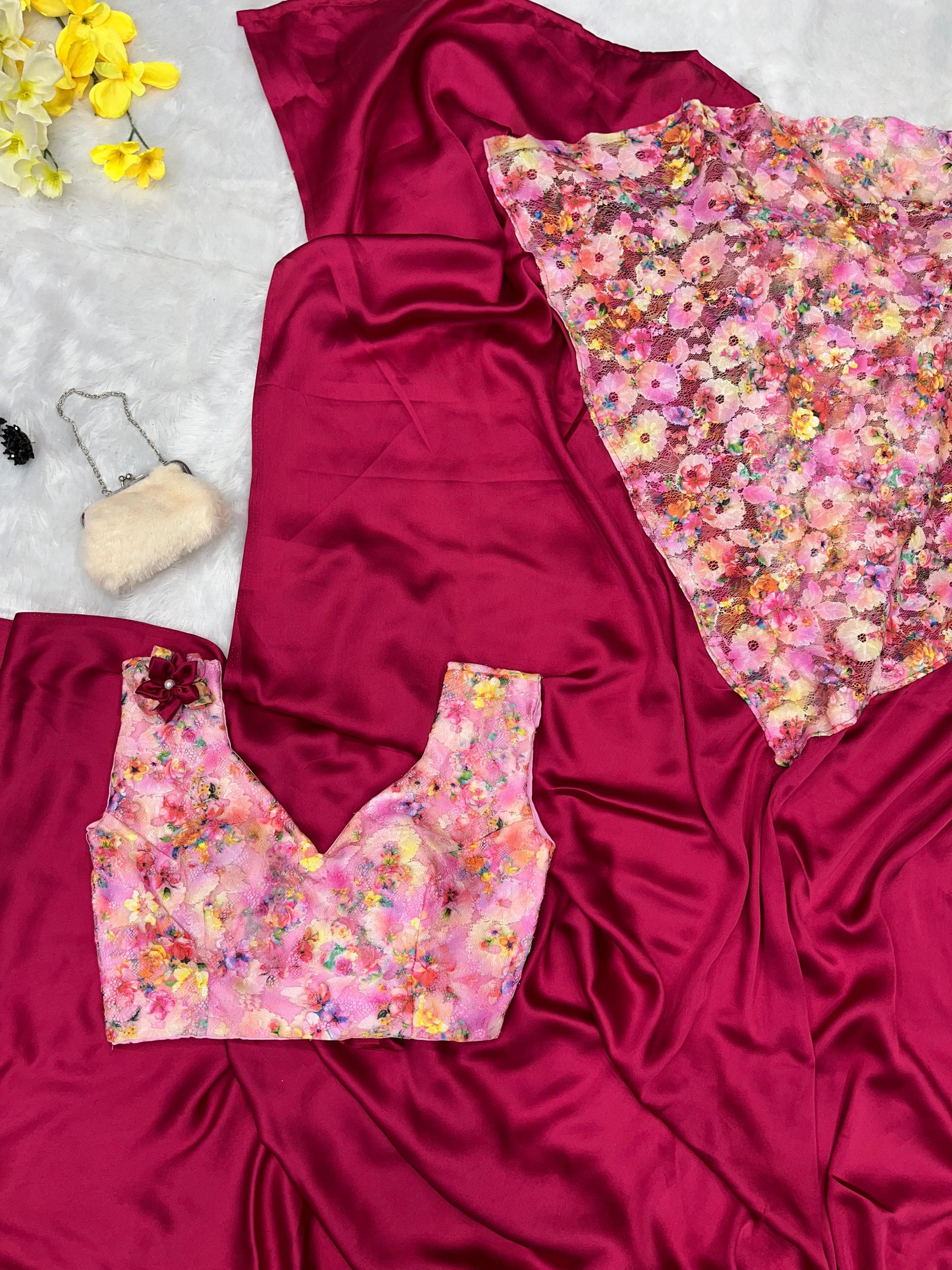 Ravishing Satin Silk Printed French Net Pink Color Saree