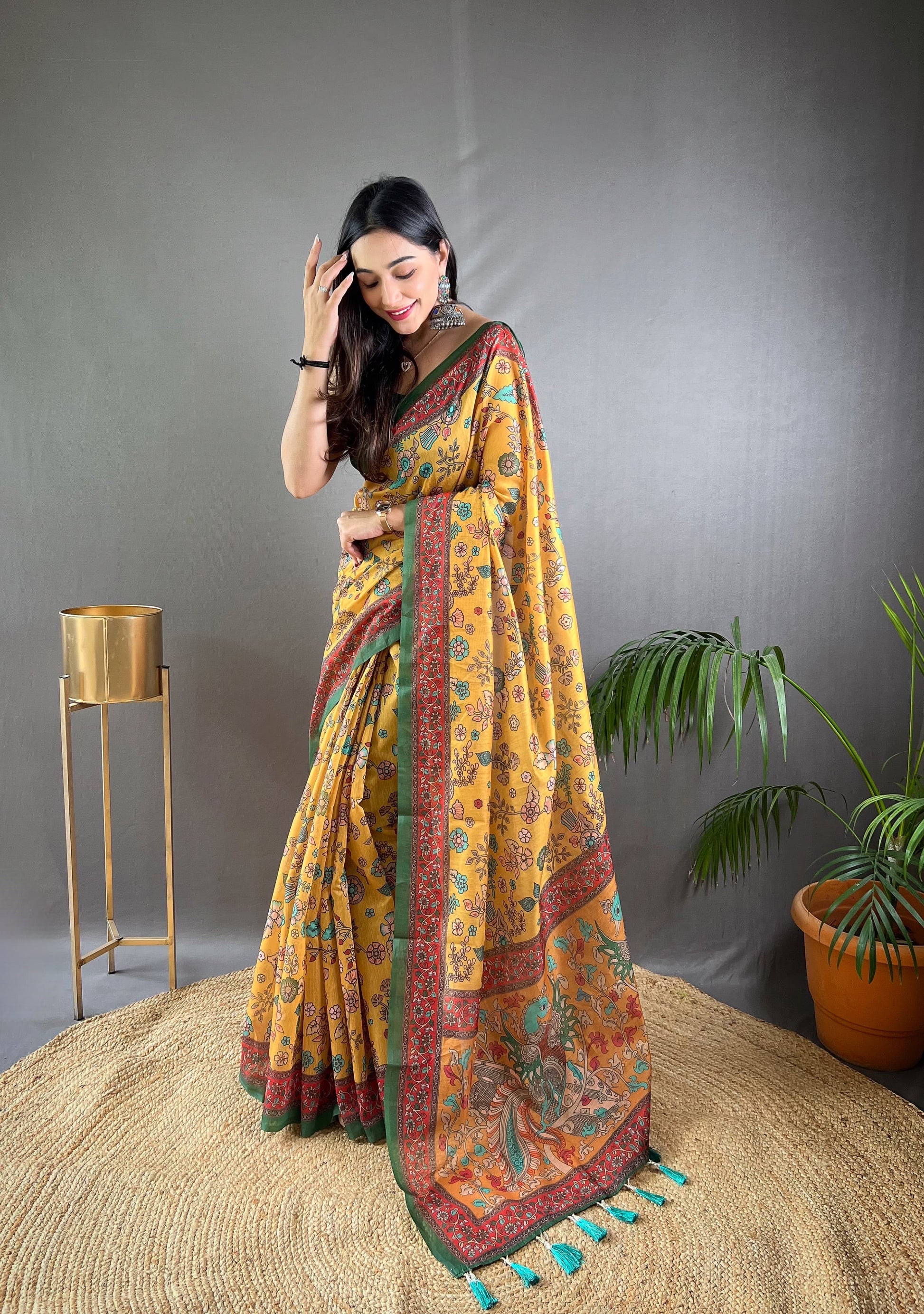Fabulous Malai Cotton Yellow Color Saree