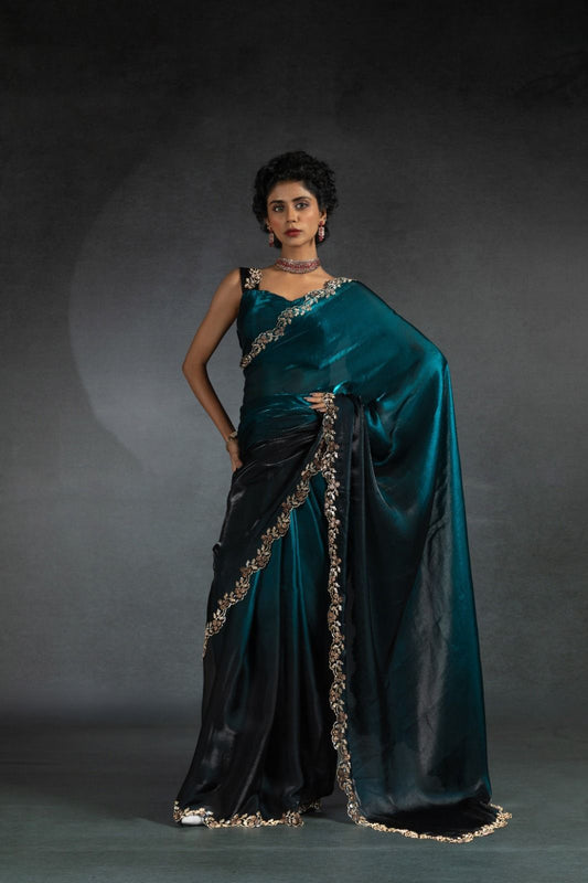 Double Shaded Green And Black Color Silk Saree