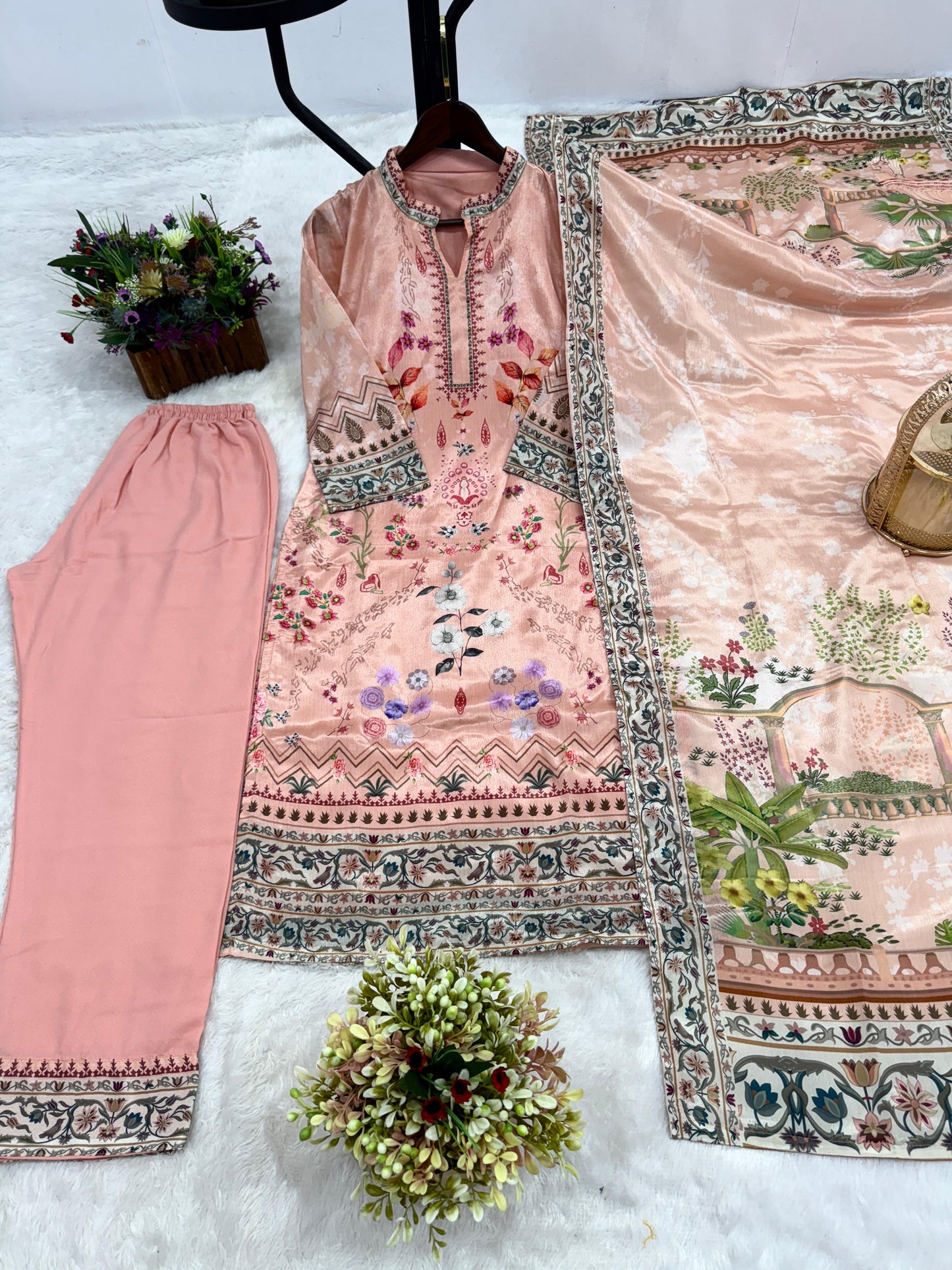 Beautiful Printed With Lace Border Peach Color Palazzo Suit
