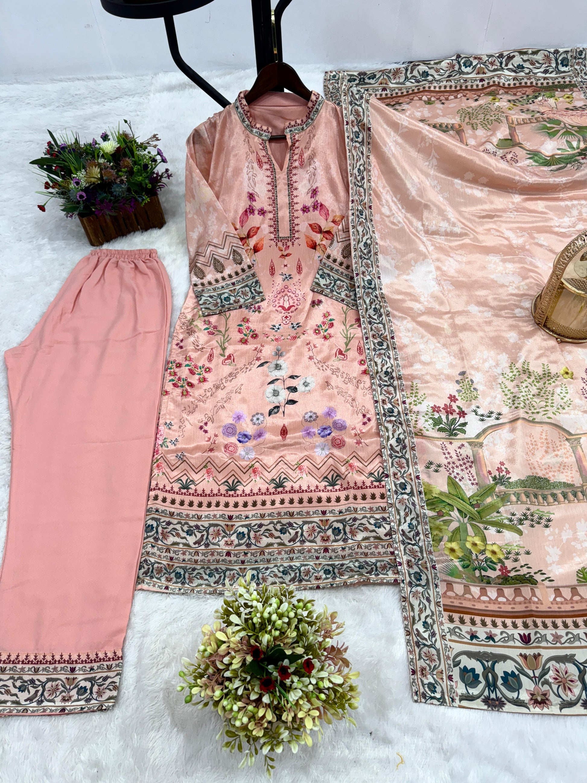 Beautiful Printed With Lace Border Peach Color Palazzo Suit