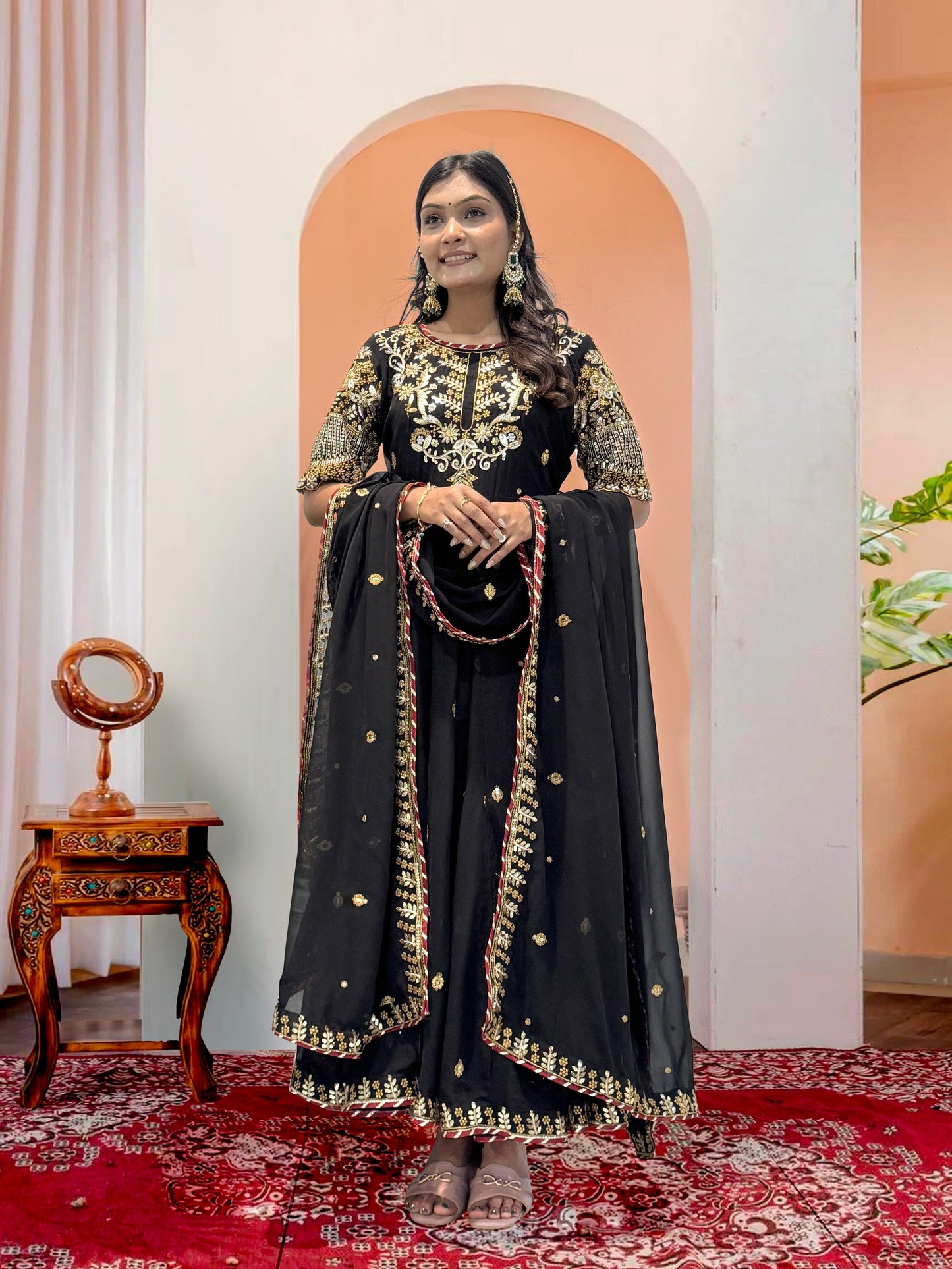 Beautiful Embroidery Sequence Work Black Color Gown