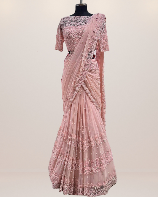Exclusive Pink Color Pearl Work Net Saree
