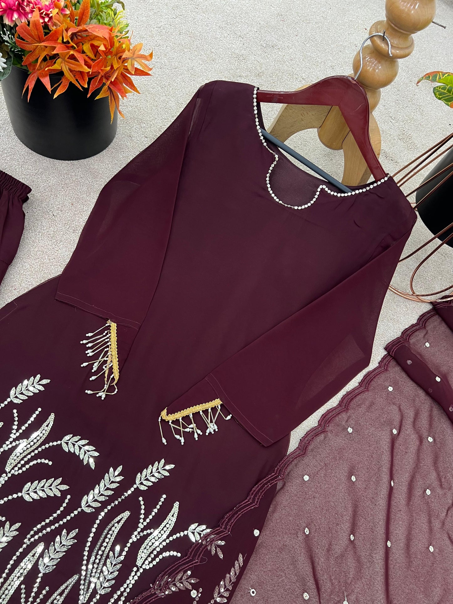 Trendy Sequence Work Wine Color Salwar Suit With Dupatta
