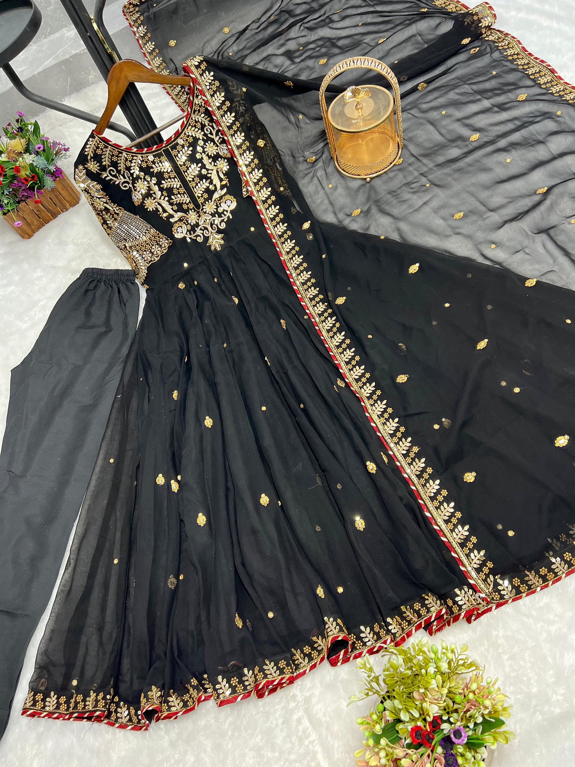 Beautiful Embroidery Sequence Work Black Color Gown