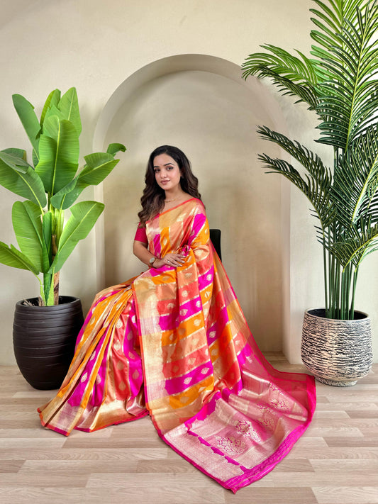 Stunning Benarasi Silk Multi Color Orange Pink Saree