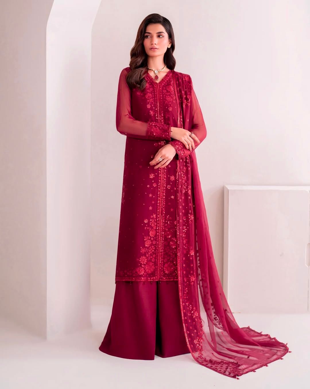 Captivating Sequence Work Red Color Palazzo Suit