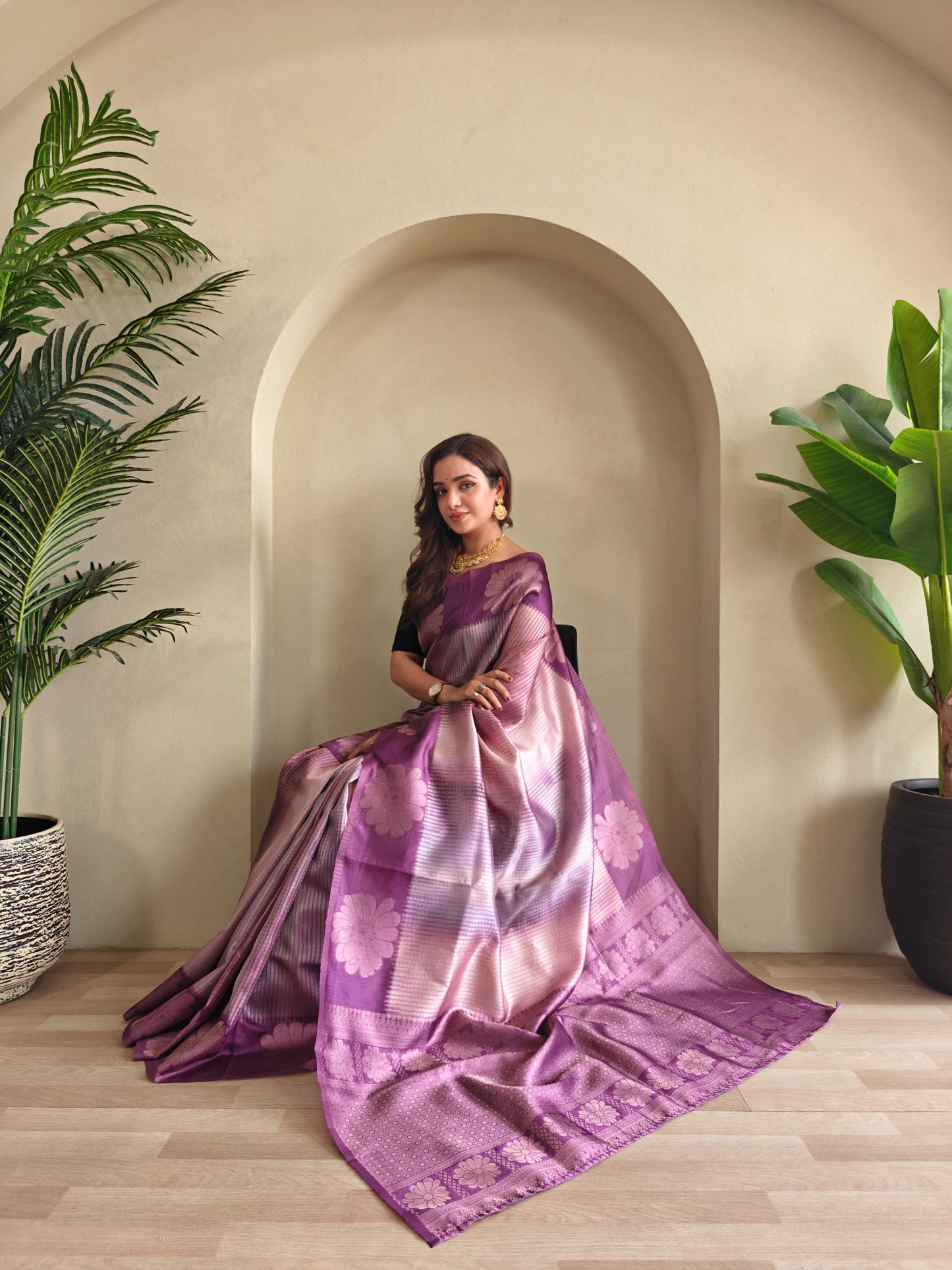 Wine Color Flower Print Silk Saree