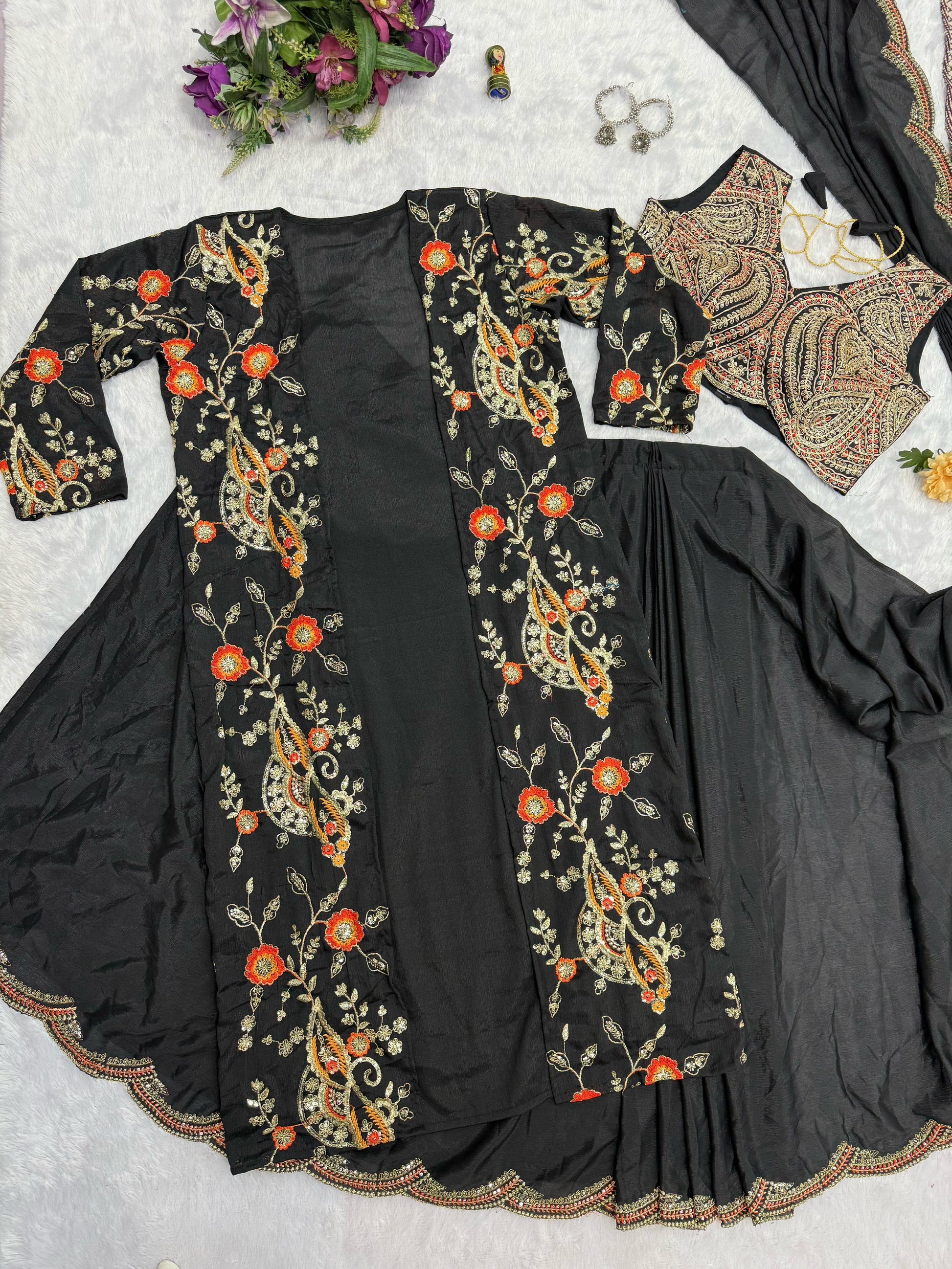 Eyes Catching Chinon Silk Black Color Ready To Wear Saree With Koti