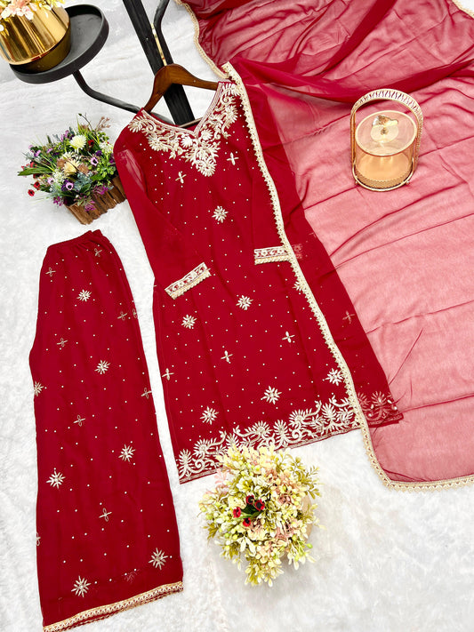 Attractive Embroidery Work Red Color Palazzo Suit