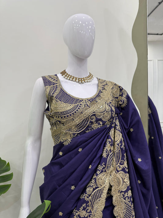 Wedding Wear Sequence Work Navy Blue Color Silk Saree