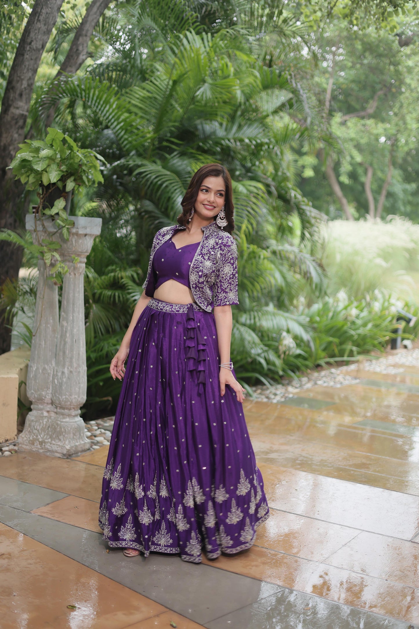 Designer Chinnon Purple Color Lehenga Choli With Koti