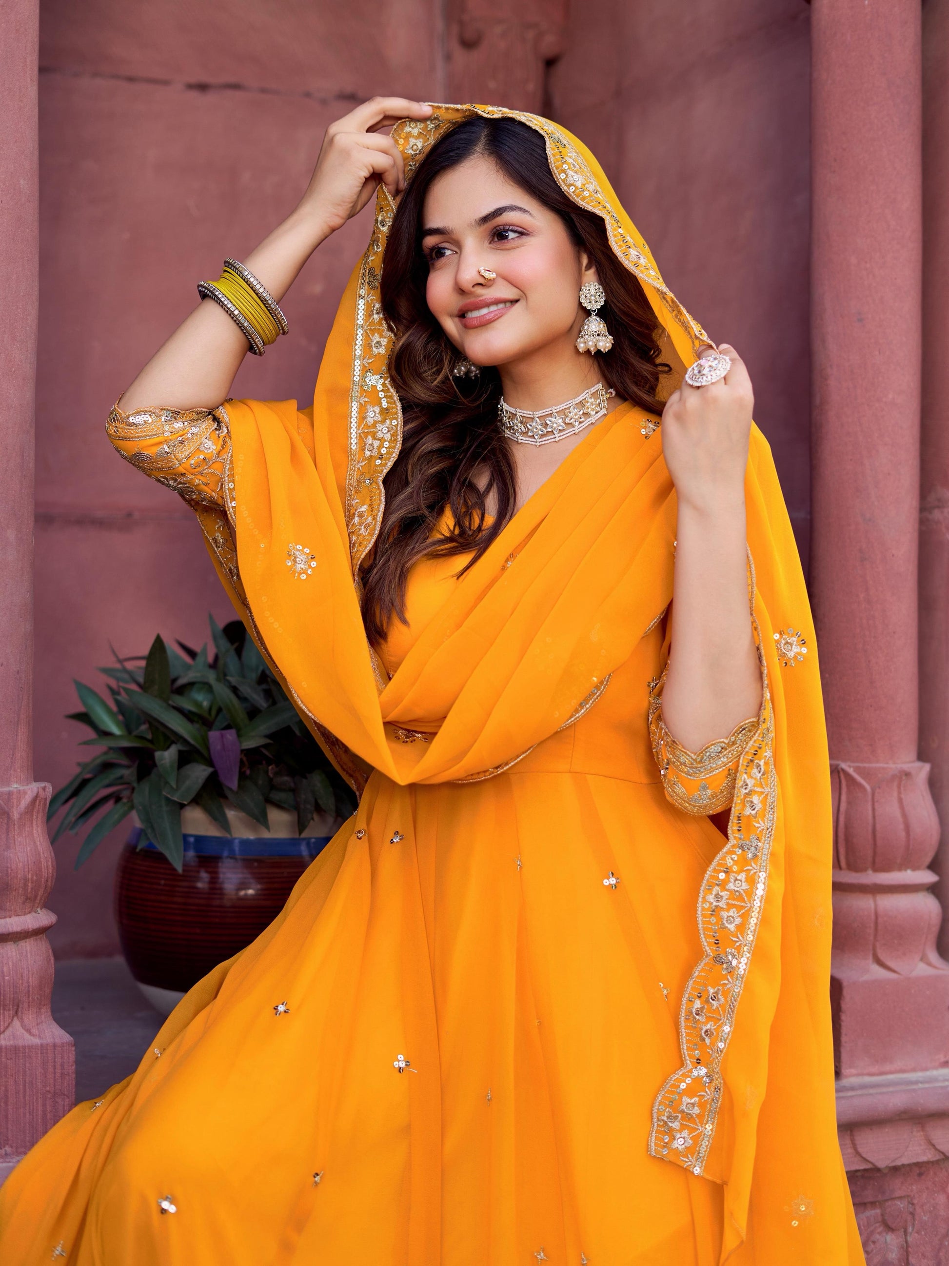 Outstanding Yellow Color Georgette Gown With Dupatta
