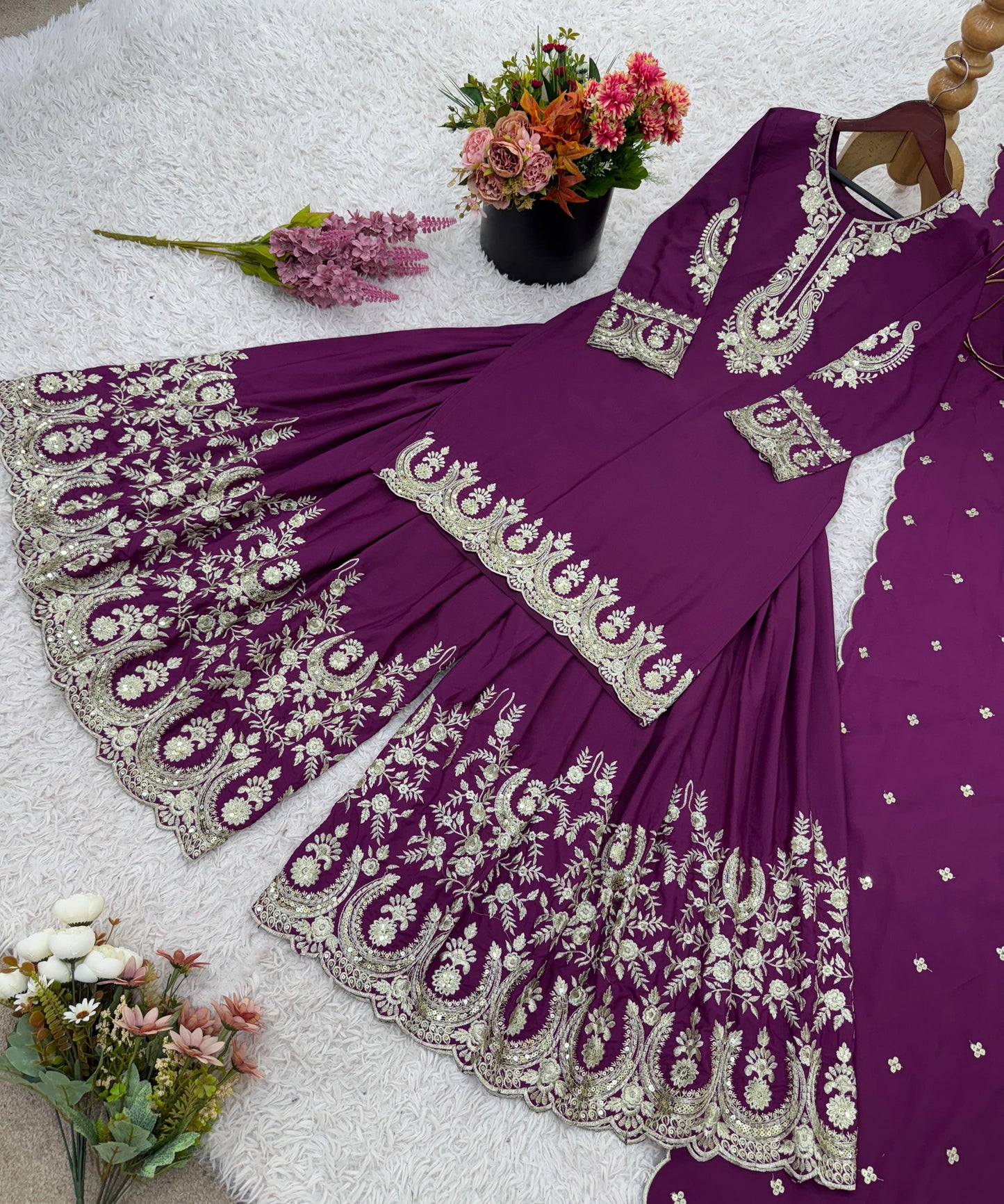 Festive Wear Embroidery Work Purple Color Sharara Suit