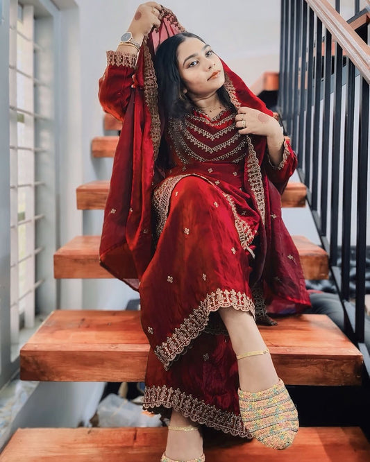 Good Looking Embroidery Work Red Color Palazzo Suit