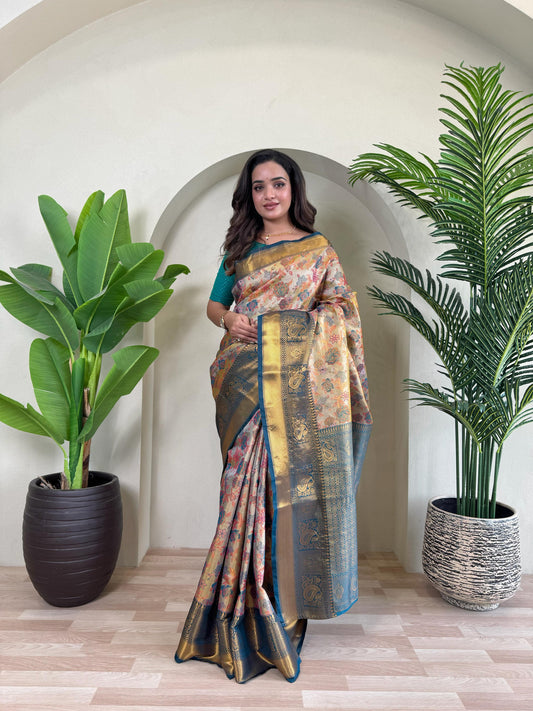 Demanding Kanchipuram Teal Blue Color Saree