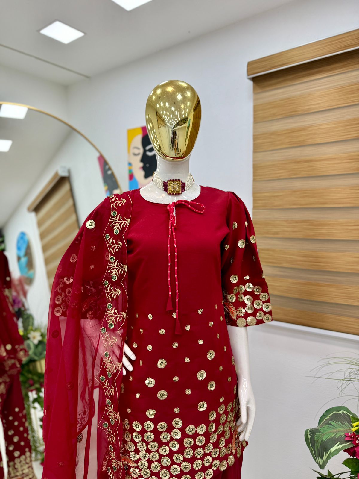 Red Color Sequence Work Alluring Palazzo Suit