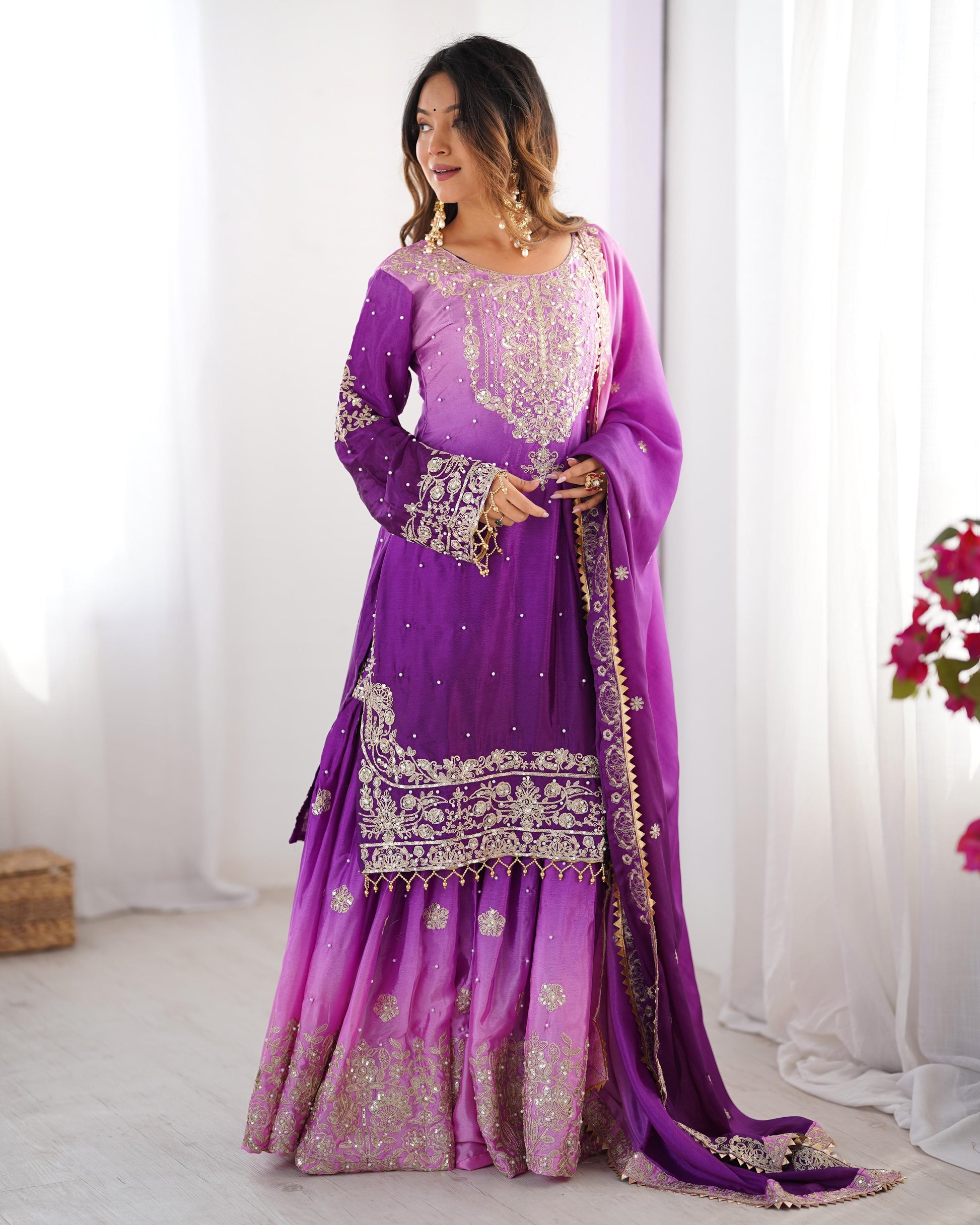 Good Looking Chinon Silk Rivet Moti Purple Color Sharara Suit