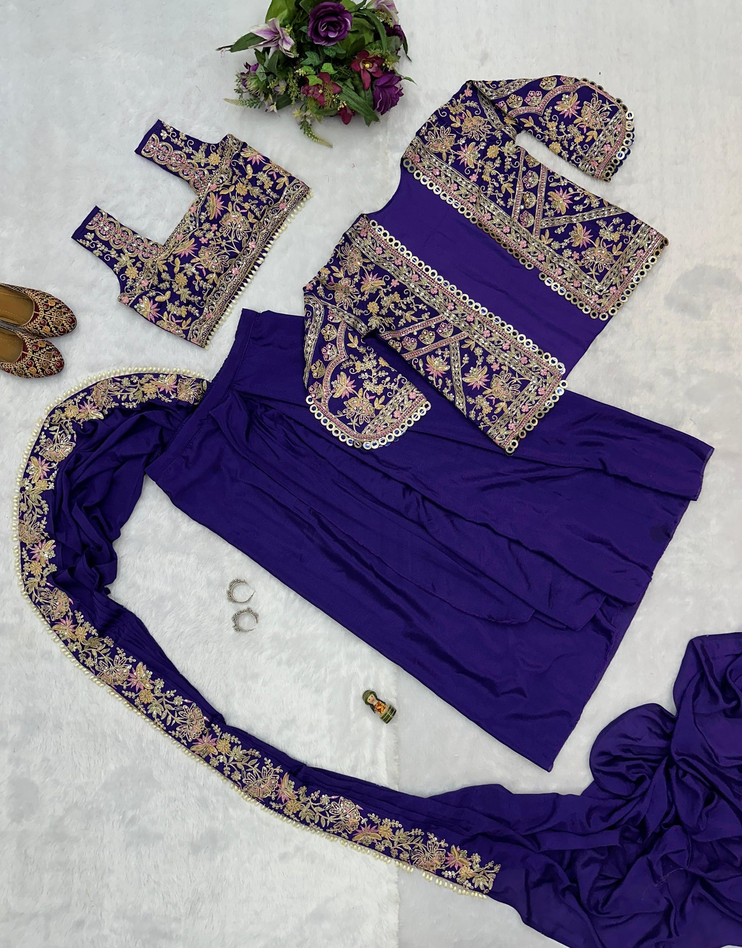 Presenting Embroidery Work Purple Color Ready To Wear Saree